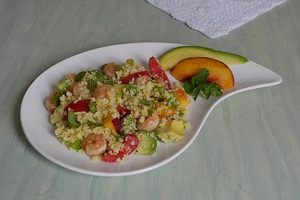 Couscous Salad with Avocado, Tomatoes, Nectarine and Prawns