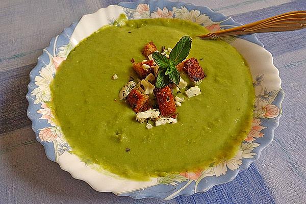 Creamy Pea Soup with Ciabatta Croutons and Sheep Cheese