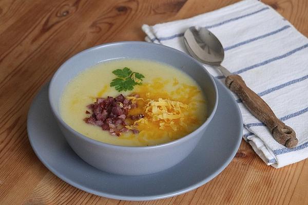 Creamy Potato and Kohlrabi Soup with Cheddar Cheese and Diced Bacon