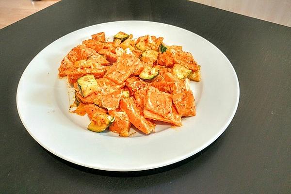 Crispy Fried Sweet Potatoes with Bell Pepper, Zucchini and Sheep Cheese