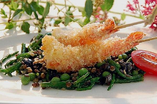 Crispy Prawns on Salicorn and Lentil Salad