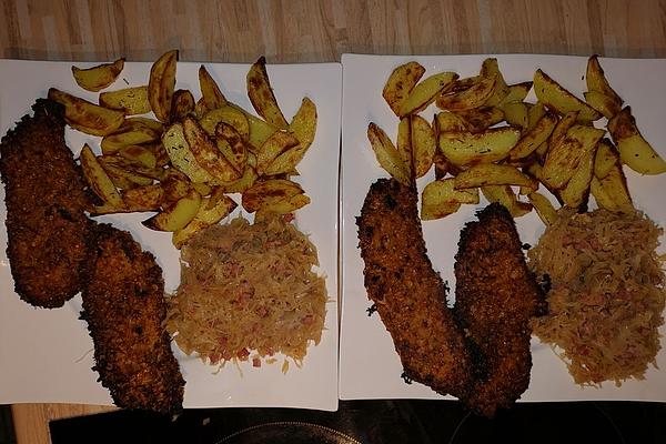 Crispy Schnitzel from Oven with Potato Wedges