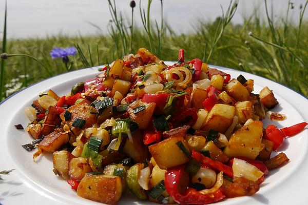 Crispy Vegan Fried Potato Cubes with Paprika and Brussels Sprouts