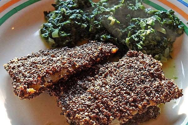 Crumbly, Crispy Breaded Fish with Spinach Leaves