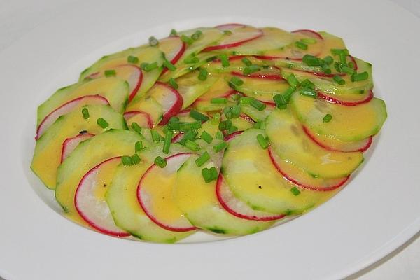 Cucumber and Radish Carpaccio with Mustard Sauce and Radish Greens