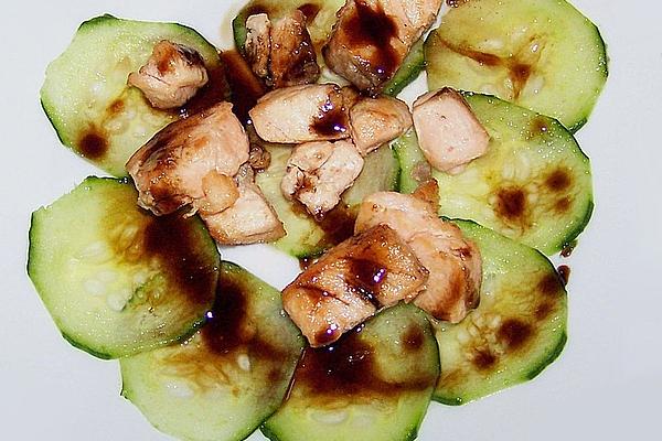 Cucumber Carpaccio with Fried Salmon and Balsamic Vinegar Reduction