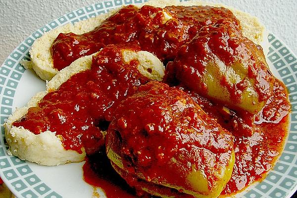 Czech Style Stuffed Peppers with Tomato Sauce and Dumplings