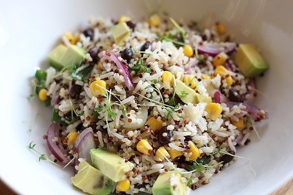 Dark Bean Corn Avocado Salad with Rice and Quinoa