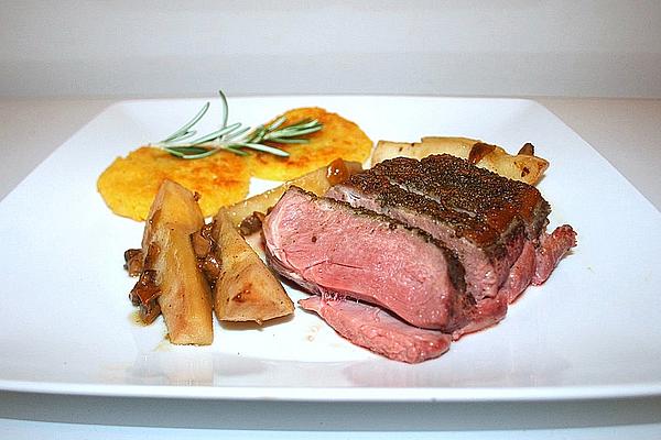 Duck Breast with Pear Wedges and Porcini Mushrooms