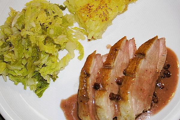 Duck Breast with Port Cherries and Braised Savoy Cabbage