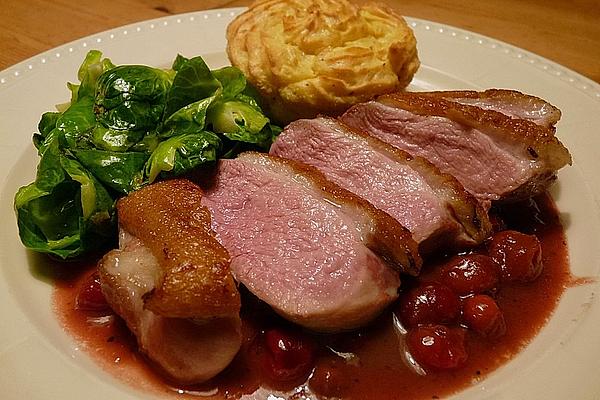 Duck Flavored Potatoes and Brussels Sprouts with Cranberry Duck Breast