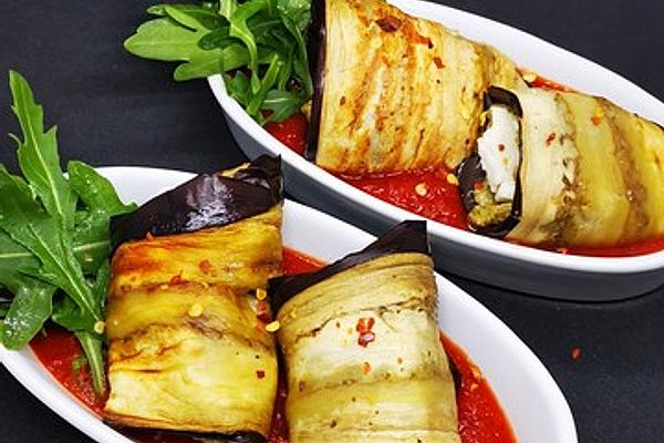 Eggplant – Sheep Cheese Rolls on Tomato Sauce