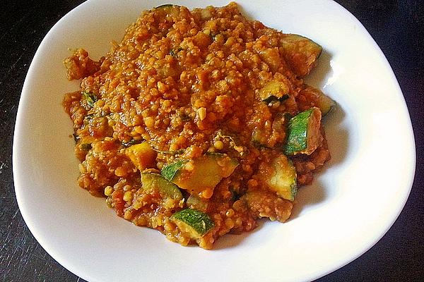 Exotic Stir-fry Vegetables with Red Lentils, Zucchini, Tomatoes and Nectarine