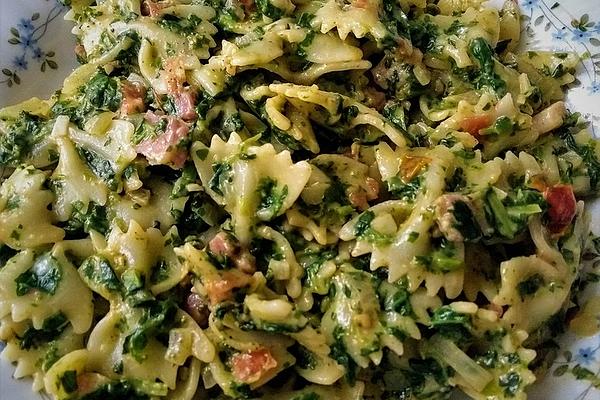 Farfalle with Creamed Spinach, Diced Bacon, Onions and Tomatoes