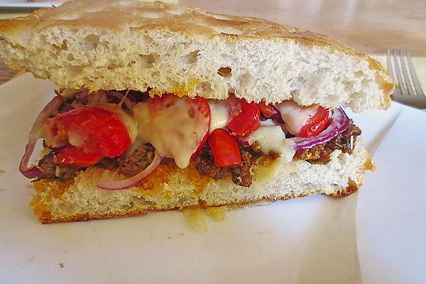 Filled Flatbread with Minced Meat, Peppers, Tomatoes and Feta Cheese