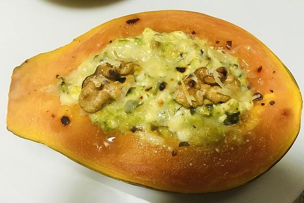 Filled Papaya with Avocado, Grainy Cream Cheese and Crunch