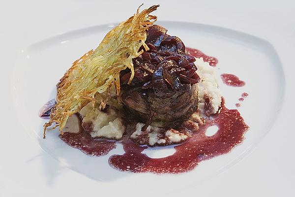 Fillet Of Beef in Red Wine Sauce with Celery Puree and Hash Browns