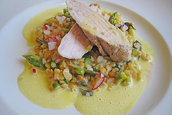 Fillet Of Rabbit with Lentils – Asparagus – Vegetables and Champagne – Mustard – Sauce