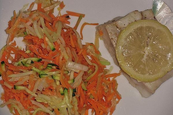 Fish Fillet on Kohlrabi and Carrots Vegetables