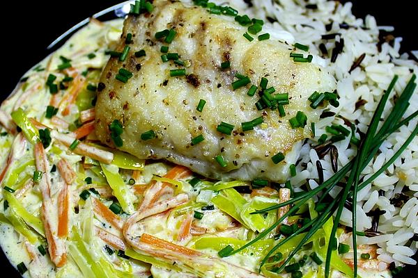 Fish Fillet on Vegetable Julienne in Herb Cream Cheese Sauce