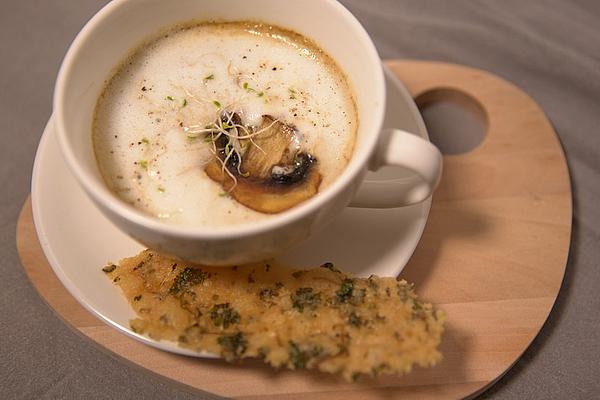 Forest Mushroom Cappuccino with Crispy Parmesan and Parsley and Walnut Bread