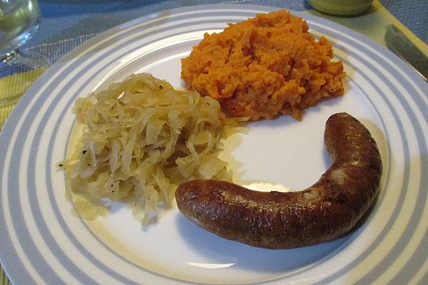 Fresh Sausage with Sauerkraut and Sweet Potato Puree