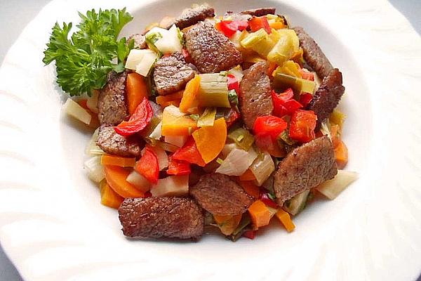 Fresh Vegetable Pot with Strips Of Fried Beef Steak