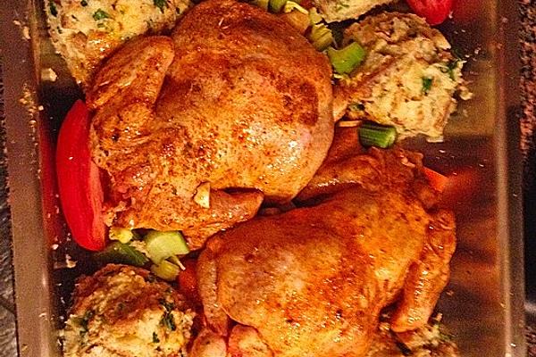 Fried Chicken with Thyme, Rosemary and Garlic Filling on Bread Dumplings