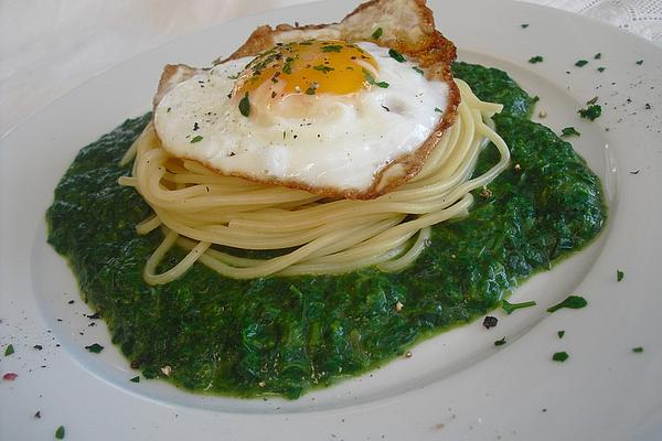Fried Eggs in Spaghetti Nest on Creamed Spinach À La Didi