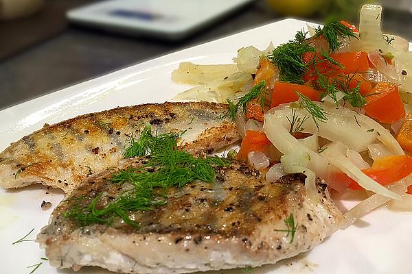 Fried Fillet Of Pikeperch on Fennel and Bell Pepper Vegetables