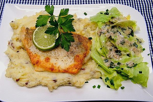 Fried Fillet Of Pikeperch with Ham and Potato Mash