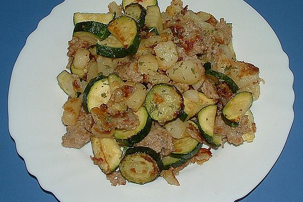 Fried Potatoes with Minced Meat and Zucchini