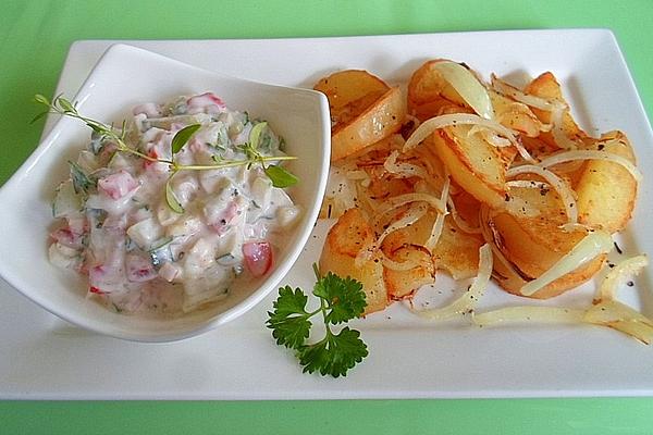 Fried Potatoes with Tomato and Cucumber Quark