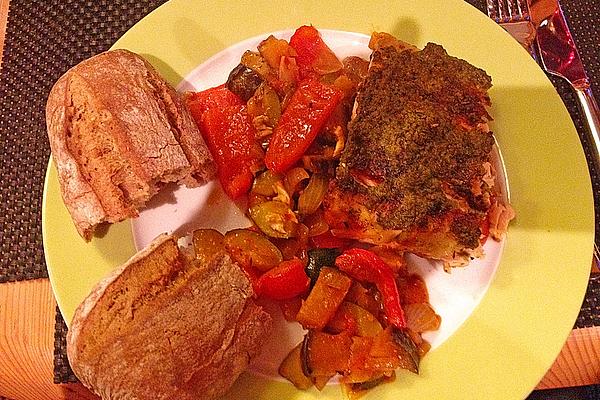 Fried Salmon on Mediterranean Vegetables