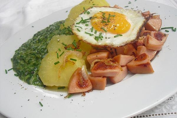 Fried Sausage Cubes with Potatoes, Spinach and Fried Egg