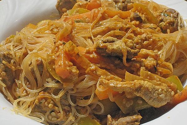 Glass Noodles with Vegetables, Strips Of Meat and Celery Leaves