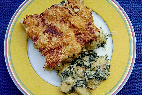 Gnocchi on Spinach Leaves