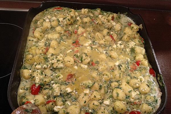 Gnocchi with Cherry Tomatoes, Garlic Spinach and Sheep Cheese