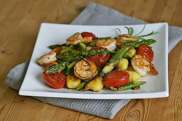 Gnocchi with Green Asparagus, Cherry Tomatoes and Shrimp