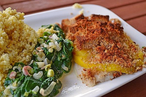 Goldfish Fillet with Mango and Thyme Crust on Cream and Chard