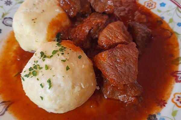 Goulash with Whiskey Sauce and Potato Dumplings