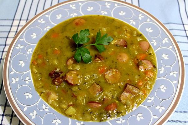 Grandmother`s Pea Stew with Pork Belly and Wiener Sausages