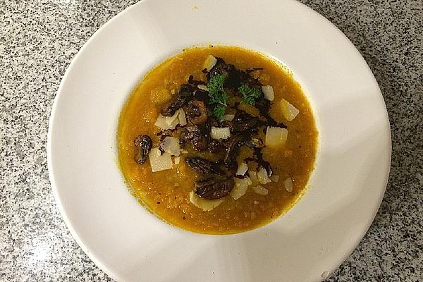 Grated Pumpkin Soup with Apple and Fried Mushrooms