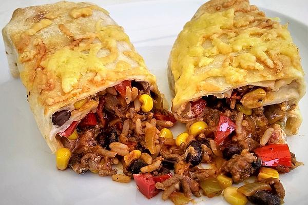 Gratinated Burritos with Ground Beef, Chili Rice and Vegetables