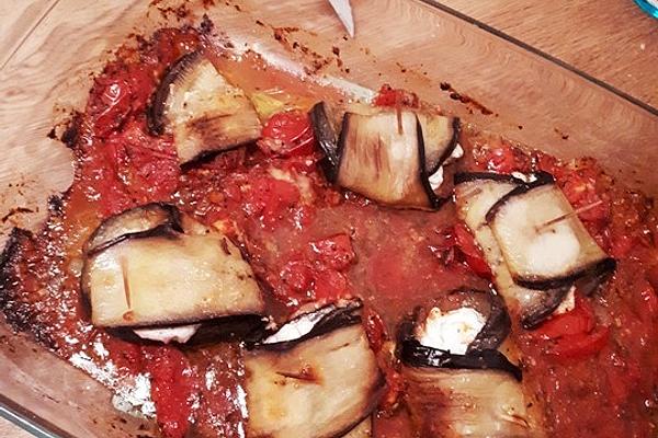 Gratinated Goat Cream Cheese – Eggplant Rolls on Tomato Sauce