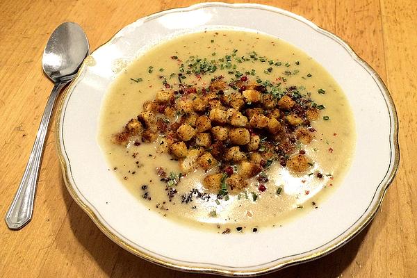 Gray Cheese Soup with Garlic Croutons, Chives and Pink Berries