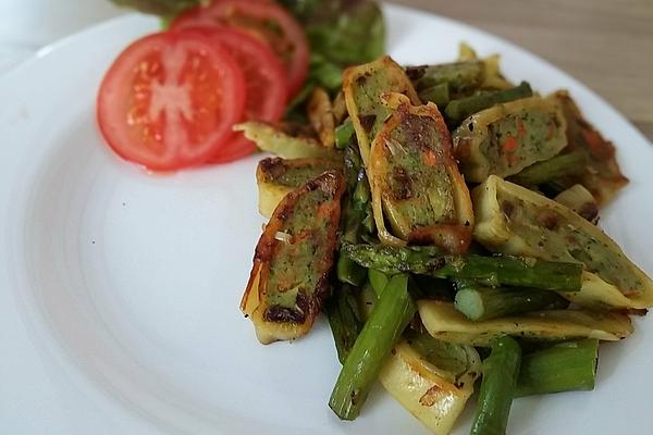 Green Asparagus on Fried Dumplings