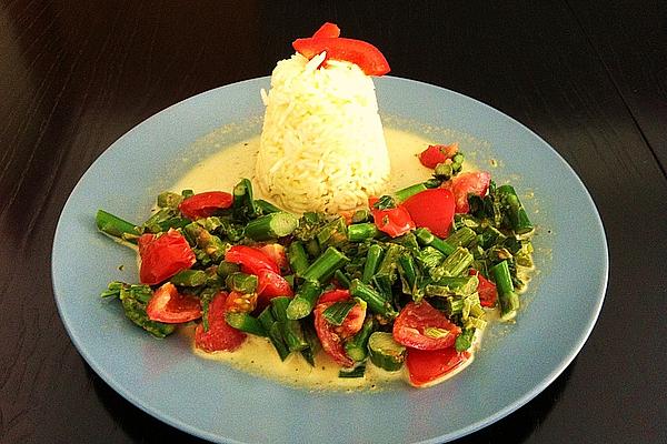 Green Asparagus with Cocktail Tomatoes on Rice