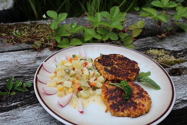 Green Oat Patties with Colorful Potato Salad