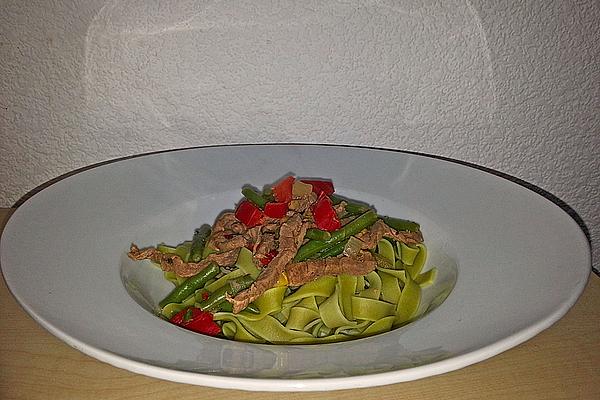 Green Ribbon Noodles with Balkan Vegetables and Corned Beef